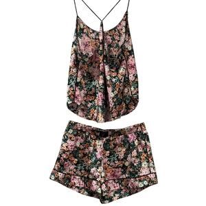 Victoria's Secret Floral Satin Cami Shorts Pajama Set Women's L/M Strappy Lounge